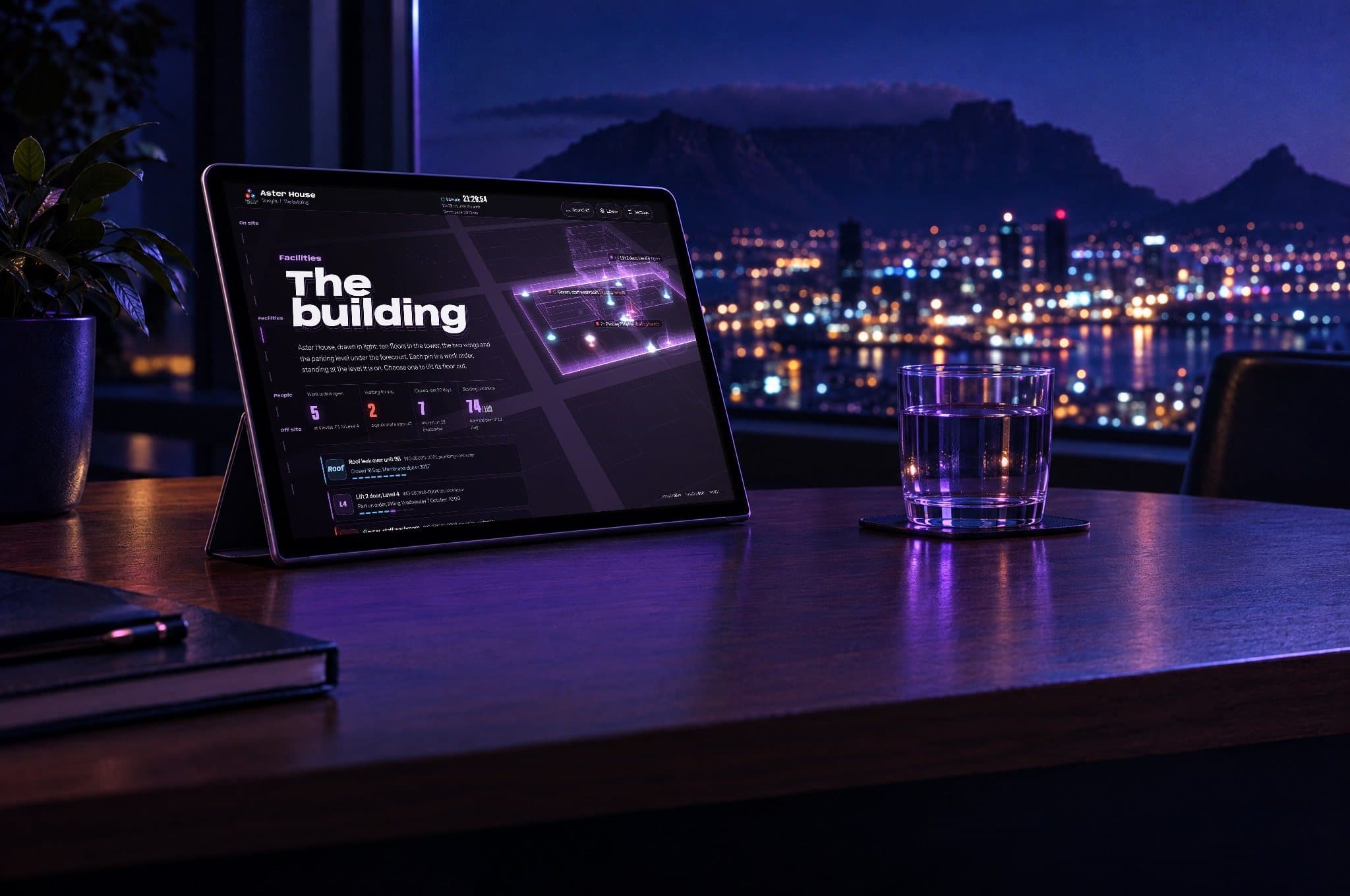Illustration: a tablet on a meeting room table at night with Table Mountain beyond the window. On screen, the SecaTeq portal's building screen pins each open work order to the floor it is on.