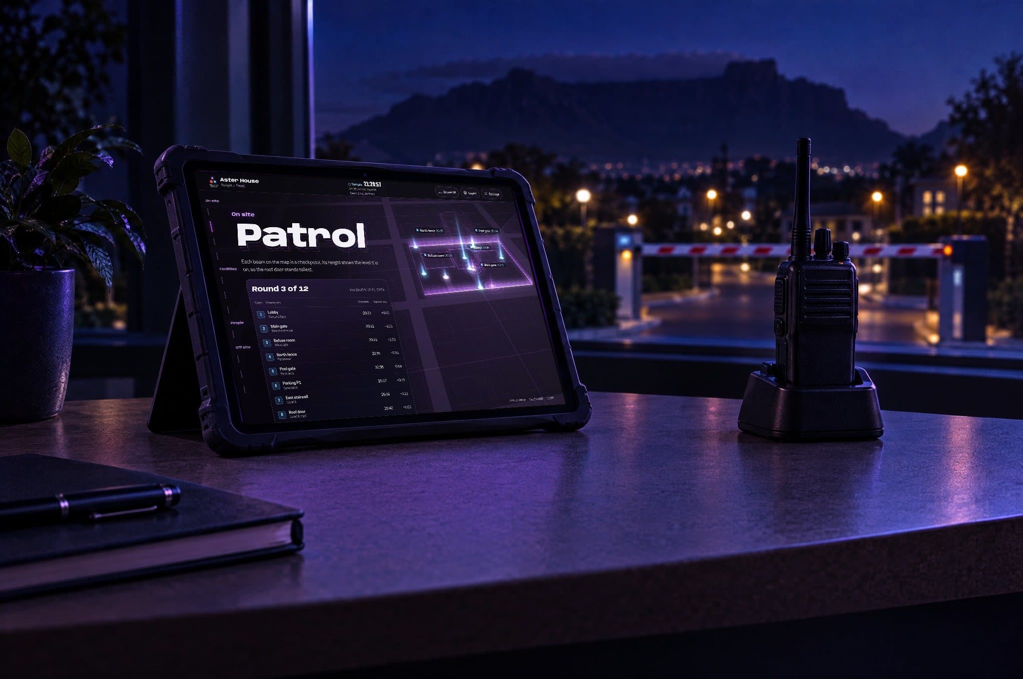 Illustration: a rugged tablet on the counter of an estate guardhouse at night, beside a two way radio and a logbook, with the boom gate and Table Mountain outside. On screen, the SecaTeq portal's Patrol screen shows round 3 of 12, checkpoint by checkpoint.