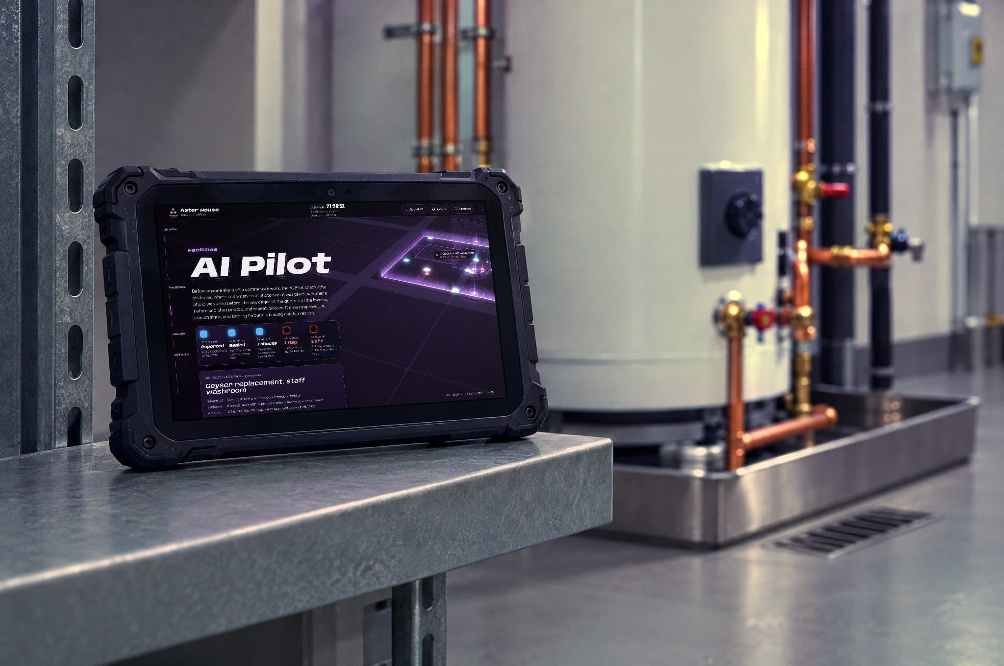 Illustration: a rugged tablet on a steel shelf in a plant room, beside a geyser with copper pipes and a drip tray. On screen, the AI Pilot checks a geyser replacement before anyone signs off.