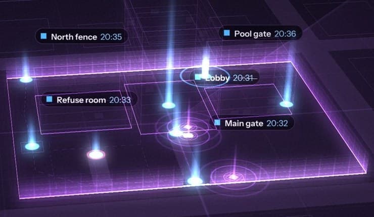 The SecaTeq portal's site map for the sample site: a beam of light at each checkpoint, labelled with the time it was scanned