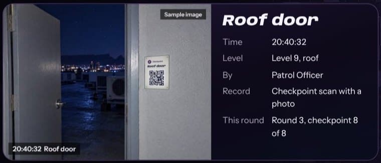 A checkpoint scan in the portal: roof door, 20:40:32, level 9, by the Patrol Officer, checkpoint scan with a sample photo, round 3, checkpoint 8 of 8