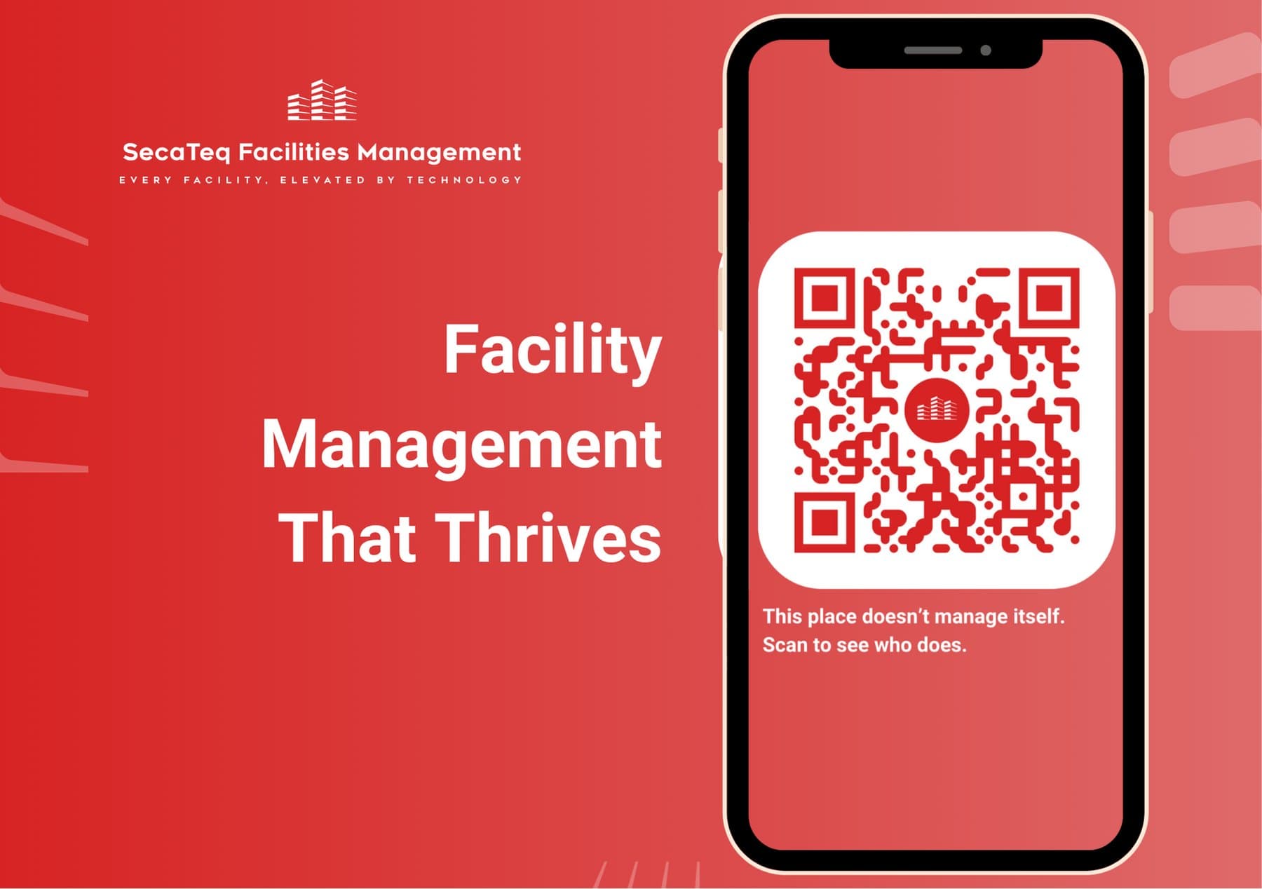 The red SecaTeq Facilities Management board: Facility management that thrives, with a QR code on a phone